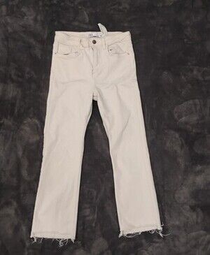 ZARA Straight Jeans White Denim Raw Hem 5-Pocket Premium Crafted